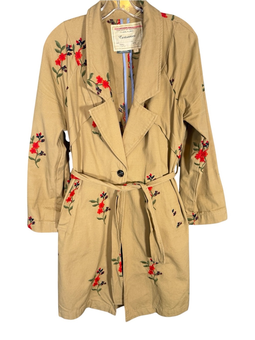 Anthropologie Cartonnier Cotton Embroidered Trench Coat Woodland FloralS
